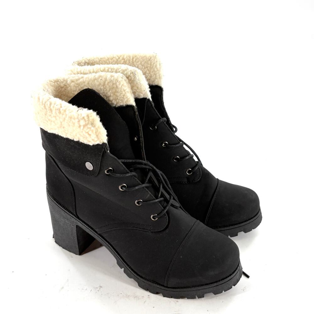 Weeboo Heeled Combat Boots 8 Black Faux Sherpa Lace Up Ankle Booties WhimsiGoth